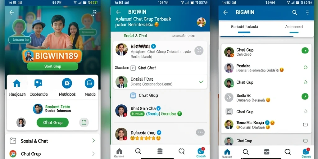 Tampilan utama aplikasi BIGWIN189 dengan fitur Chat Grup yang menarik.