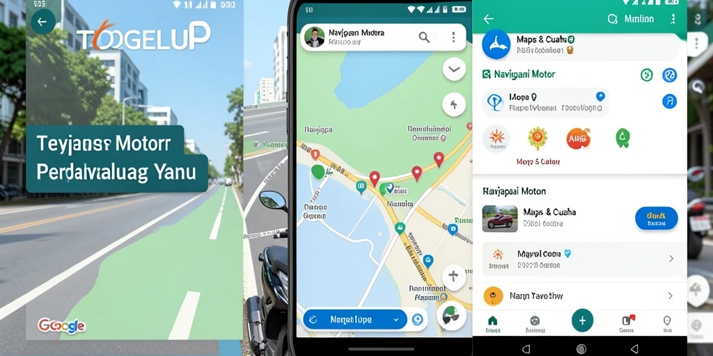 Antarmuka aplikasi TOGELUP menunjukkan peta dan rute navigasi motor.
